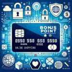 A modern credit card with bonus point symbols and online shopping icons, set against a digital security background.