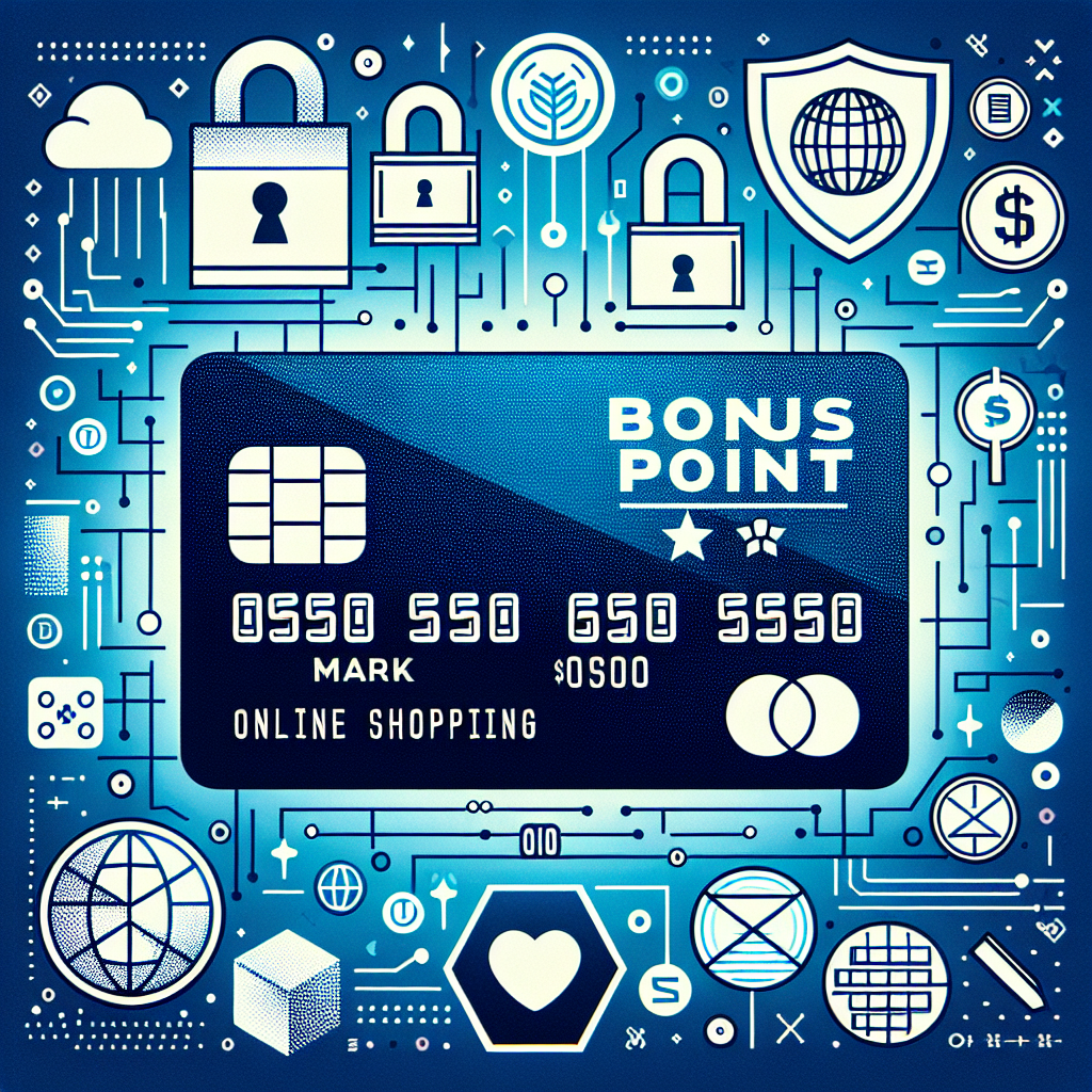 A modern credit card with bonus point symbols and online shopping icons, set against a digital security background.