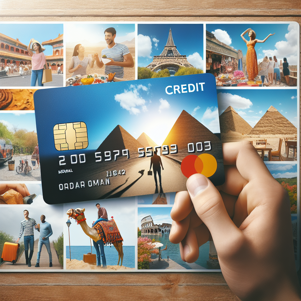 Vibrant and dynamic illustration of a Mastercard being used in different travel scenarios around the world, showcasing various global landmarks.