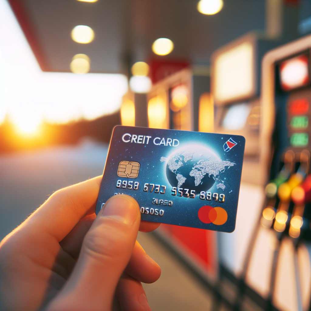 Nærbilde av et Shell MasterCard på en benzinpumpestasjon, fokus på kortet, moderne stil, varmt miljølys, norsk kontekst