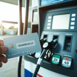 Nærbilde av et Shell MasterCard liggende på en bensinpumpe-dispenser, moderne stil, klar lyssetting og Shell-logo i bakgrunnen