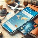 Nærbilde av et re:member MasterCard-kort på et bord ved siden av en mobiltelefon som viser en bankapp, med reiseutstyr i bakgrunnen