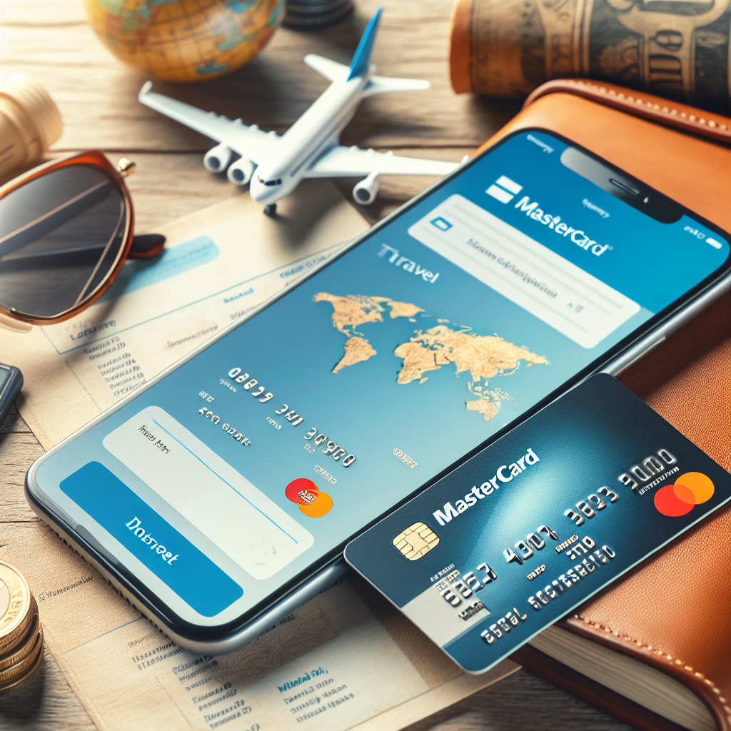 Nærbilde av et re:member MasterCard-kort på et bord ved siden av en mobiltelefon som viser en bankapp, med reiseutstyr i bakgrunnen