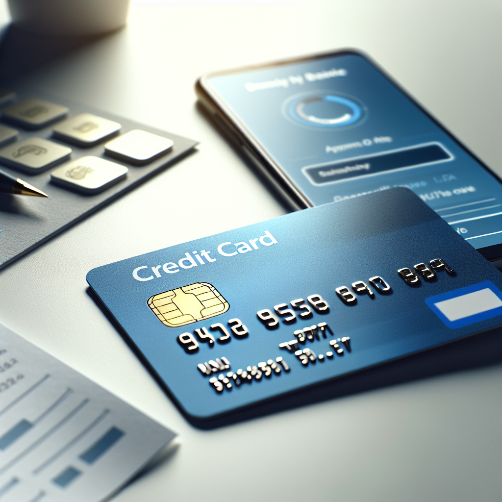 Nærbilde av et Moderne MasterCard-kredittkort på et skrivebord ved siden av en smarttelefon med bankapp åpen, nøytralt og profesjonelt lys