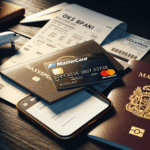 En moderne norsk reisekontekst: Et Gjensidige MasterCard liggende ved siden av en pass, boardingpass og en mobil med bankapp åpen, nordisk lys, profesjonelt og tillitsvekkende