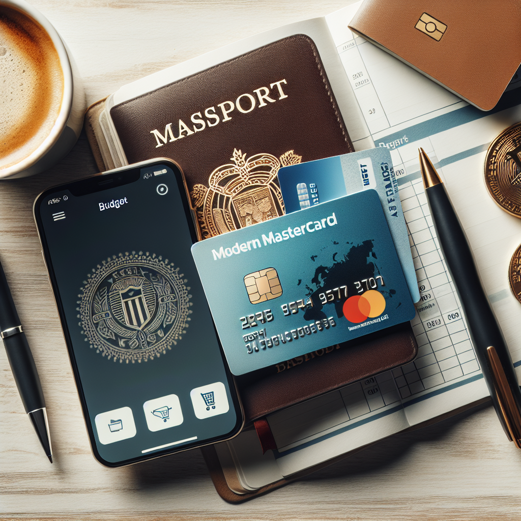 Norsk tema: Et moderne Mastercard liggende på et bord ved siden av pass, mobil med bankapp åpen og notat med budsjett – klart, profesjonelt, nøytrale farger