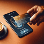 Moderne nærbilde av en hånd som holder et Mastercard-kredittkort over en smarttelefon for kontaktløs betaling, varm, tillitsfull fargepalett, ren og profesjonell stil